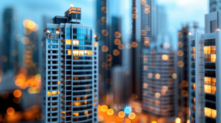 A captivating urban nightscape featuring modern buildings illuminated by warm lights, showcasing the vibrant atmosphere and architecture of city life.の素材