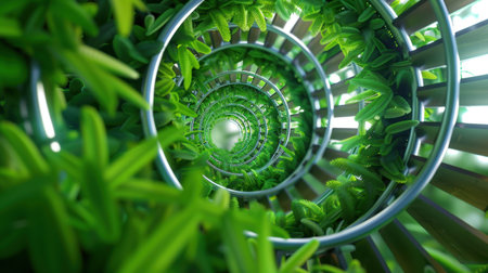 This captivating image showcases a spiral tunnel of lush green leaves intertwined with a sleek metallic structure, evoking a sense of tranquility and modern design.の素材