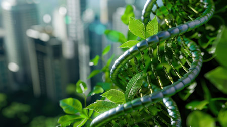 A captivating blend of nature and urban life, featuring spiraling metal structures intertwined with lush greenery against a modern city backdrop.の素材