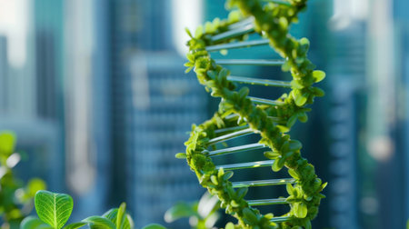 A close-up view of a green DNA helix made of leaves, set against a blurred city background. This image represents the fusion of nature and modern science, highlighting innovation and sustainability.の素材