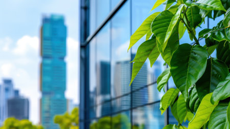 This image showcases vibrant green foliage against a backdrop of modern urban architecture, with sunny reflections on glass surfaces.の素材