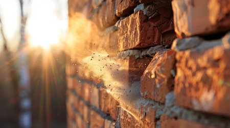 A stunning close-up view of dust and particles flowing from a brick wall against a mesmerizing sunset, capturing a moment of nature and construction interplay.の素材