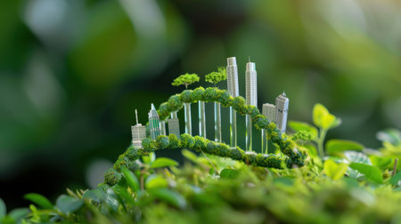 An imaginative depiction of a cityscape made from miniature skyscrapers nestled within lush greenery, symbolizing harmony between urban growth and nature.の素材
