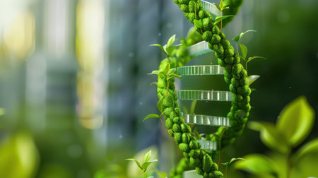 This captivating image features a green DNA helix entwined with lush leaves, depicting the harmony between nature and science in a serene environment.の素材
