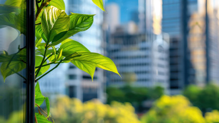 A close-up view of fresh green leaves with a blurred urban skyline in the background, showcasing the harmony between nature and city life.の素材