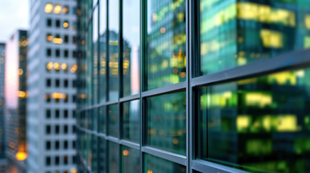 A stunning view of a glass facade reflecting city lights during the evening. The soft bokeh creates a tranquil atmosphere, showcasing modern architecture and urban life.の素材