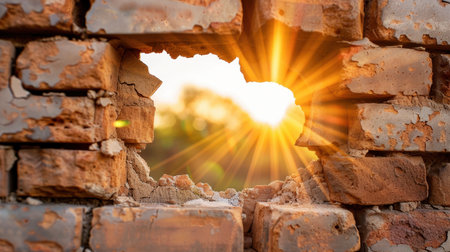 A beautiful moment captured as sunlight bursts through a cracked brick wall, creating a striking contrast with the surrounding natural setting, evoking feelings of warmth and serenity.の素材