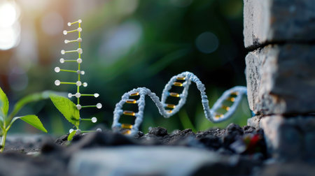 The image depicts a vibrant plant emerging from soil, alongside a DNA strand model, representing the intersection of biology and environmental health.の素材