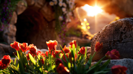 A stunning sunset illuminates a vibrant cluster of tulips in a tranquil garden, highlighting the beauty of nature with soft light effects and colorful petals.の素材