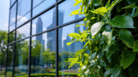 A close-up of green plant leaves pictured against a modern building's glass wall, showcasing a city skyline reflection and a vibrant outdoor scene.の素材