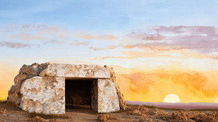 A stunning view of an ancient burial mound at sunset, surrounded by a tranquil desert landscape, showcasing warm colors and vibrant clouds.の素材