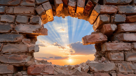 A mesmerizing view of sunlight streaming through a broken brick wall, revealing a stunning sunset and vibrant clouds in the background.の素材