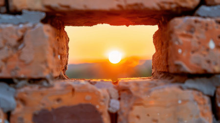 A stunning sunset peeks through a rustic brick wall, creating a beautiful contrast of warm colors. The serene view invites a sense of calm and tranquility.の素材