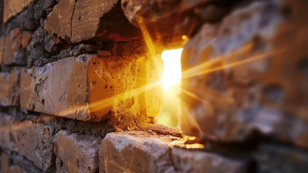 A stunning close-up view of sunlight shining through a small gap in an old brick wall, showcasing the rich texture and warm colors of the bricks, radiating a beautiful golden glow that enhances the overall ambiance of the scene.の素材