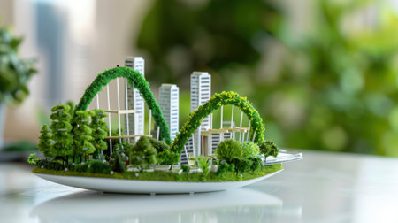 A detailed miniature model of a futuristic city emphasizes the blend of modern architecture and sustainable greenery, perfect for design inspiration.の素材