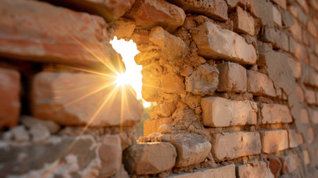 A close-up view of a cracked brick wall allows sunlight to shine through, creating a warm and inviting glow. The image captures urban decay's beauty and charm.の素材