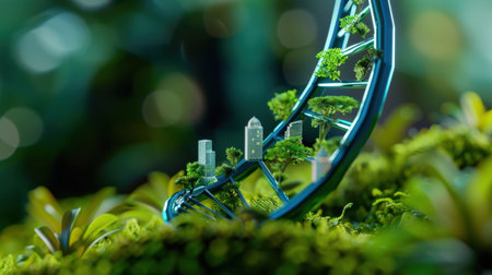 A captivating illustration of a DNA model intertwined with a modern cityscape, surrounded by rich greenery, symbolizing harmony between technology and nature.の素材