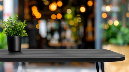 A minimalist black table featuring a small potted plant, set against the blurred backdrop of a cozy cafe. The scene captures a warm and inviting atmosphere perfect for relaxation or work.の素材
