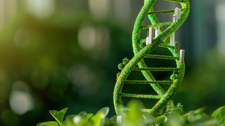 This image showcases a conceptual green DNA helix intertwined with miniature eco-friendly buildings, symbolizing the fusion of nature and sustainable urban development.の素材