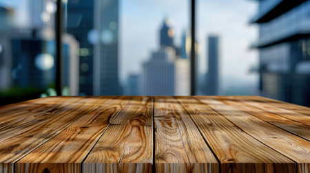 A stunning rustic wooden table set in a modern office environment with a blurred cityscape backdrop, perfect for showcasing contemporary designs and workspace aesthetics.の素材