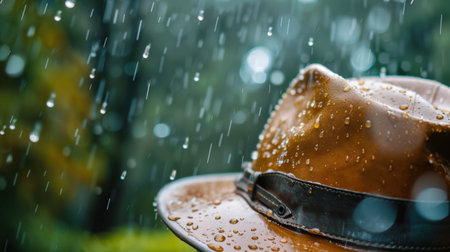 A detailed close-up of a brown rain hat covered in raindrops during a rainstorm. The blurred green background enhances the quality of the scene.の素材