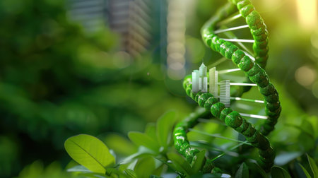 A captivating visual of a green DNA helix intertwined with city elements, representing the fusion of nature and urban sustainability in a modern environment.の素材