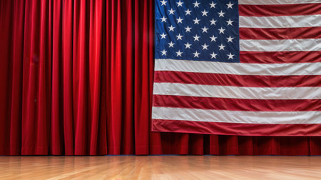 An empty stage with a majestic American flag draped against rich red curtains, creating a vibrant and patriotic atmosphere suitable for events and ceremonies.の素材