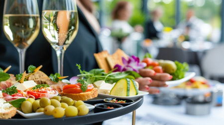 A sophisticated catering display featuring elegant champagne flutes alongside a platter of assorted appetizers in a modern event space, creating a festive atmosphere.の素材