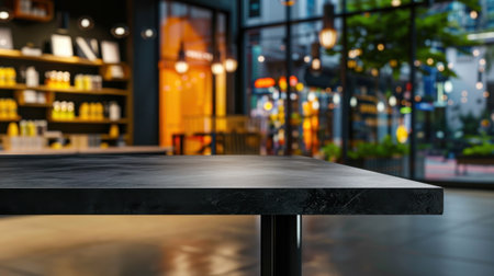 This image captures a modern coffee shop interior featuring a stylish black table. The warm ambiance is enhanced by soft lighting and urban decor, creating a cozy space for relaxation and social gatherings.の素材