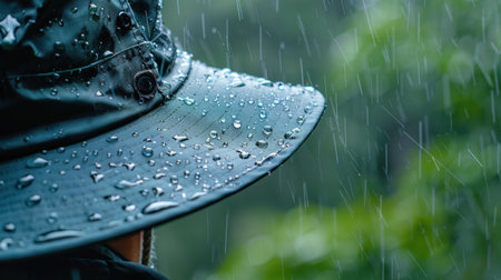 A stunning close-up of rain droplets resting on a wide-brimmed hat, highlighting nature's beauty during a refreshing shower in a serene forest.の素材