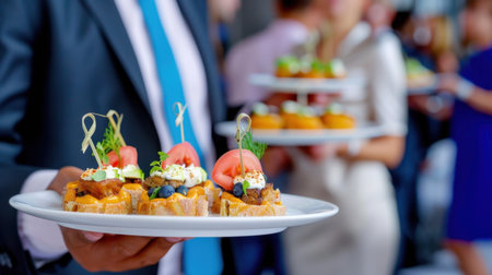 A beautifully arranged platter of gourmet appetizers presented at a vibrant event. Guests enjoy the social atmosphere, enhancing the dining experience.の素材