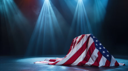 A visually striking photograph showcasing an American flag draped over an unseen object, illuminated by dramatic spotlights in a dark setting.の素材