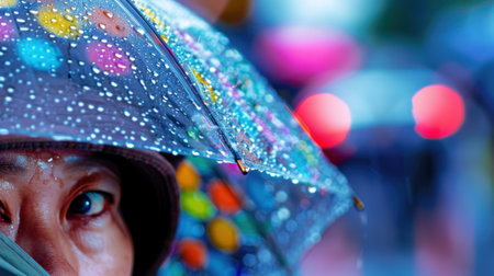 A vivid close-up image featuring an individual holding a colorful umbrella adorned with raindrops, set against an urban backdrop. The scene captures the essence of a rainy day, blending human emotion with the beauty of nature.の素材