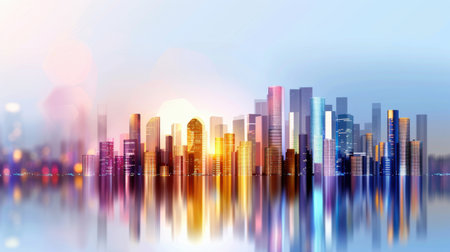 Stunning view of a city skyline at dusk, showcasing modern buildings illuminated with colorful lights reflected in the water, creating an artistic atmosphere.の素材