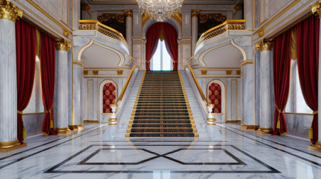 This stunning image captures an elegant grand staircase in a luxurious interior, featuring marble floors, ornate details, and rich curtains, all enhanced by a magnificent chandelier.の素材