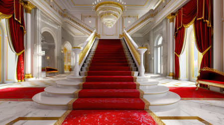 This stunning image features a grand staircase in an elegant hall adorned with a majestic chandelier and lavish red drapes, exuding luxury and charm.の素材