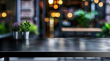 A beautifully arranged table featuring small decorative plants against a backdrop of blurred lights, creating an inviting and serene cafe atmosphere.の素材