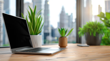This image showcases a modern workspace featuring a laptop and vibrant green plants, creating a serene atmosphere with a stunning urban skyline view at sunrise.の素材