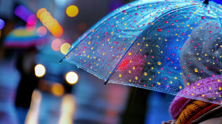 A close-up view of a colorful umbrella with vibrant raindrops, showcasing a lively city street during a rainy night. The atmosphere combines warmth and melancholy.の素材