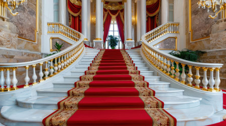 A stunning grand staircase adorned with a red carpet, situated in an elegant historical interior, showcases luxurious architecture and intricate decorative elements.の素材