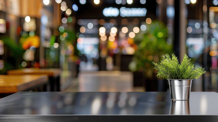 A potted green plant sits elegantly on a sleek table in a modern cafe, creating a serene atmosphere with blurred warm lighting in the background.の素材