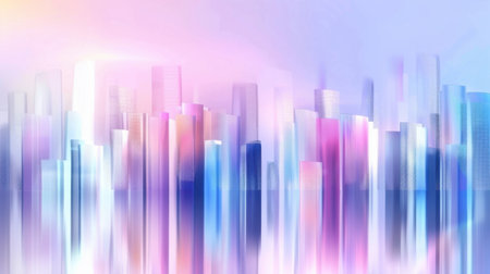 This dreamy cityscape features soft hues and blurred buildings reflected in water, creating a tranquil and artistic atmosphere for design purposes.の素材