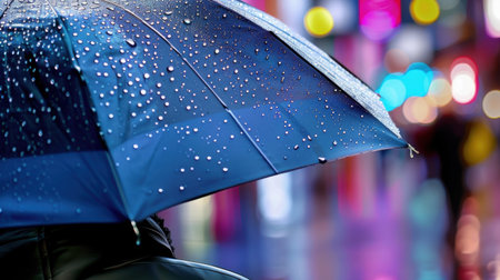 A close-up view of a blue umbrella with raindrops resting against a vibrant city background during a rainy night, creating a serene and atmospheric scene.の素材