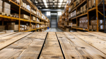 A wooden table surface is prominently displayed in the foreground, while a blurred warehouse filled with shelves and boxes creates a backdrop, ideal for concepts related to storage and logistics.の素材