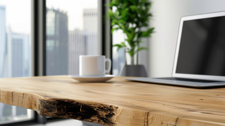 Bright modern workspace featuring a wooden table, sleek laptop, and coffee cup with a stunning urban view, creating a perfect environment for productivity.の素材