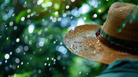 A serene scene showcasing a person in a hat amidst a lush green forest during rainfall, highlighting beautiful water droplets and nature's vibrant ambiance.の素材
