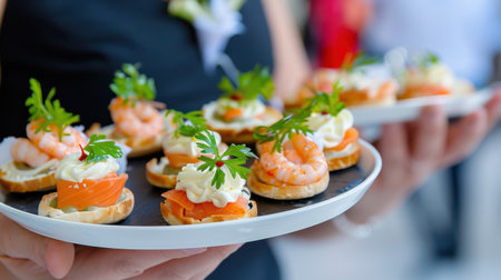 A beautifully arranged platter of elegant hors d'oeuvres featuring shrimp and cream garnished with fresh herbs, perfect for any upscale event or celebration.の素材