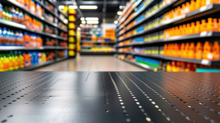 A striking perspective of an aisle in a supermarket, showcasing a vibrant array of beverage shelves filled with colorful drinks, inviting shoppers.の素材