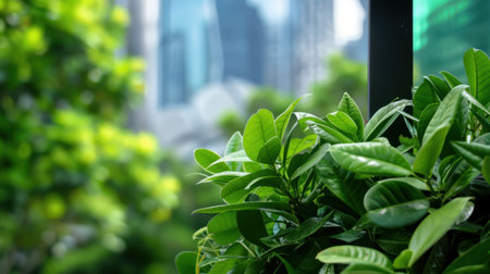A close-up view of lush green leaves beautifully framing an urban skyline, with blurred modern buildings creating a serene atmosphere in the city.の素材