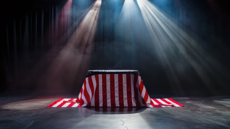 A captivating stage setup featuring a table draped with an American flag under dynamic lighting. The scene evokes a sense of mystery and anticipation, ideal for dramatic presentations.の素材